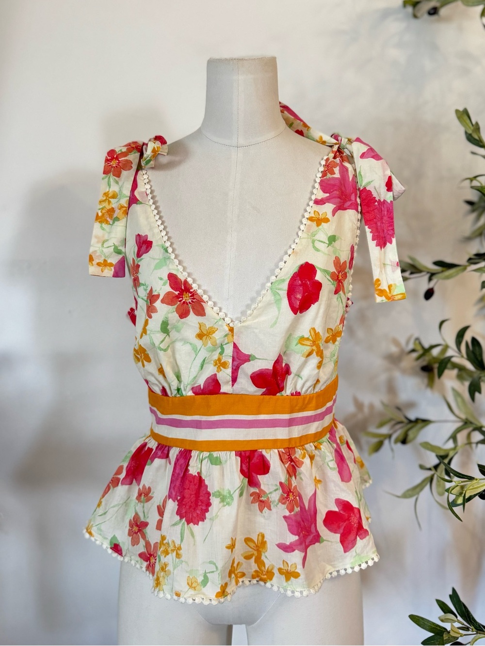 francesca's Floral Peplum Top Medium Tie Strap Pom Pom Accents Cottagecore